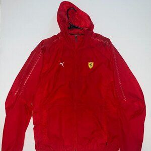 Puma Ferrari Mens Red Wind Breaker Rain Jacket with Hoodie Zip up Size M
